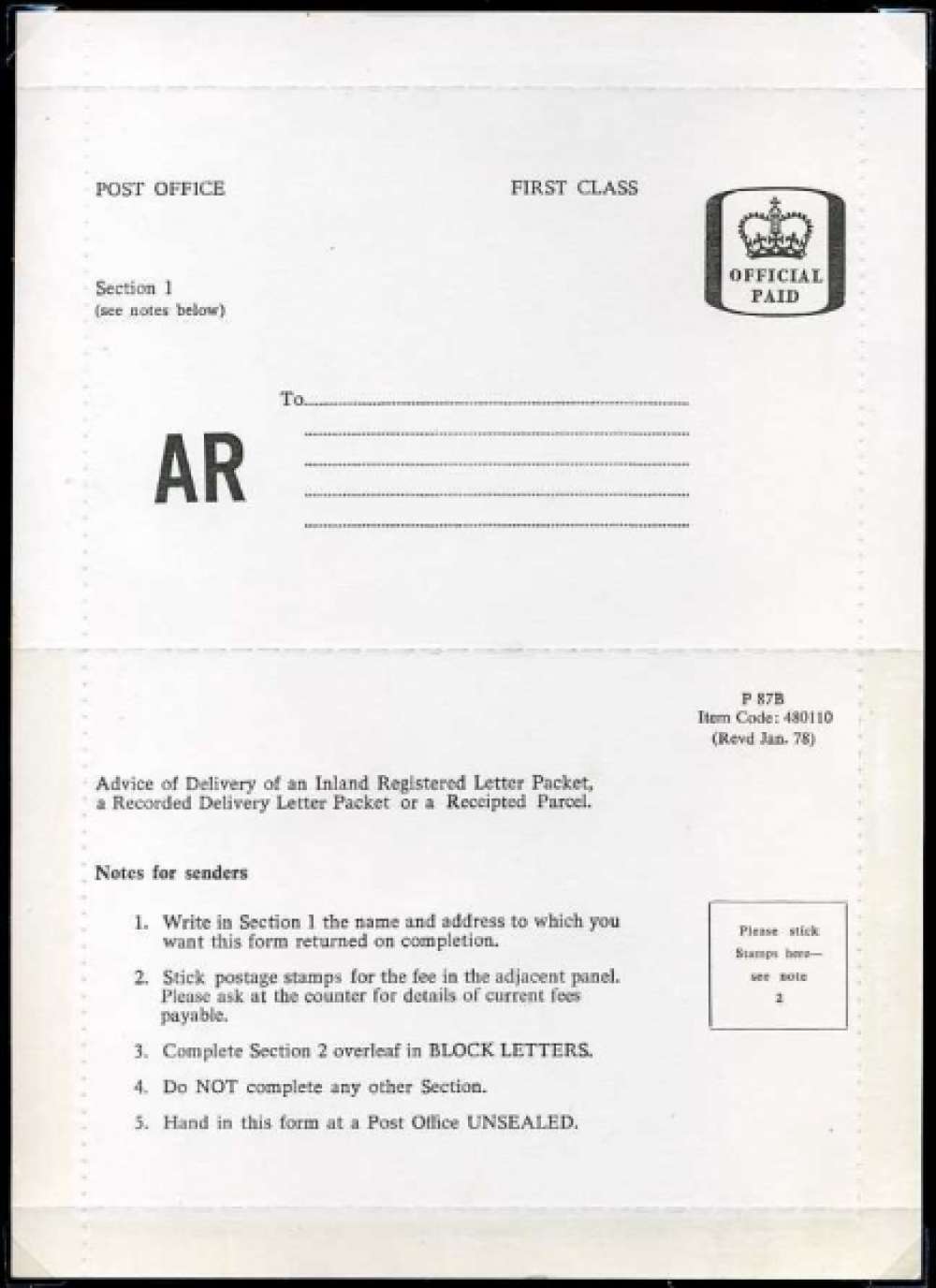 1978 Post Office Inland Register/Recorded Delivery Letter Packet or