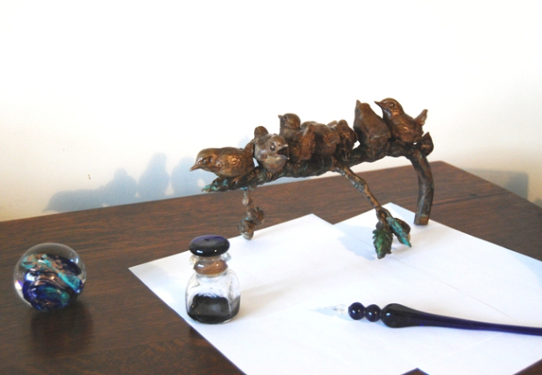 Bronze Wren Family Oak feature by Sculptress JOEL