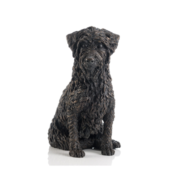 Front view of bronze dog statue by JOEL Walker