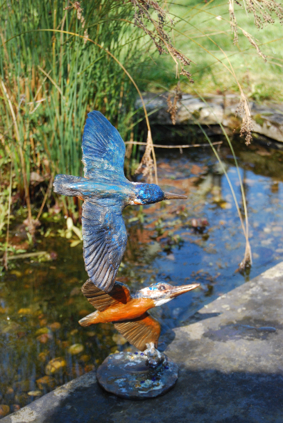 Kingfisher Pair in Flight Sculpture focus  by JOEL