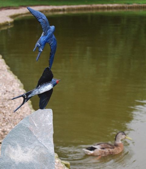 Pair of Bronze Swallows by JOEL near the lake