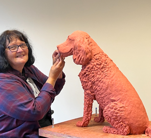 Sculptress Joel and sculpture commission of dog