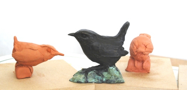 Wren chick in clay and Adult Wren by Joel in bronz